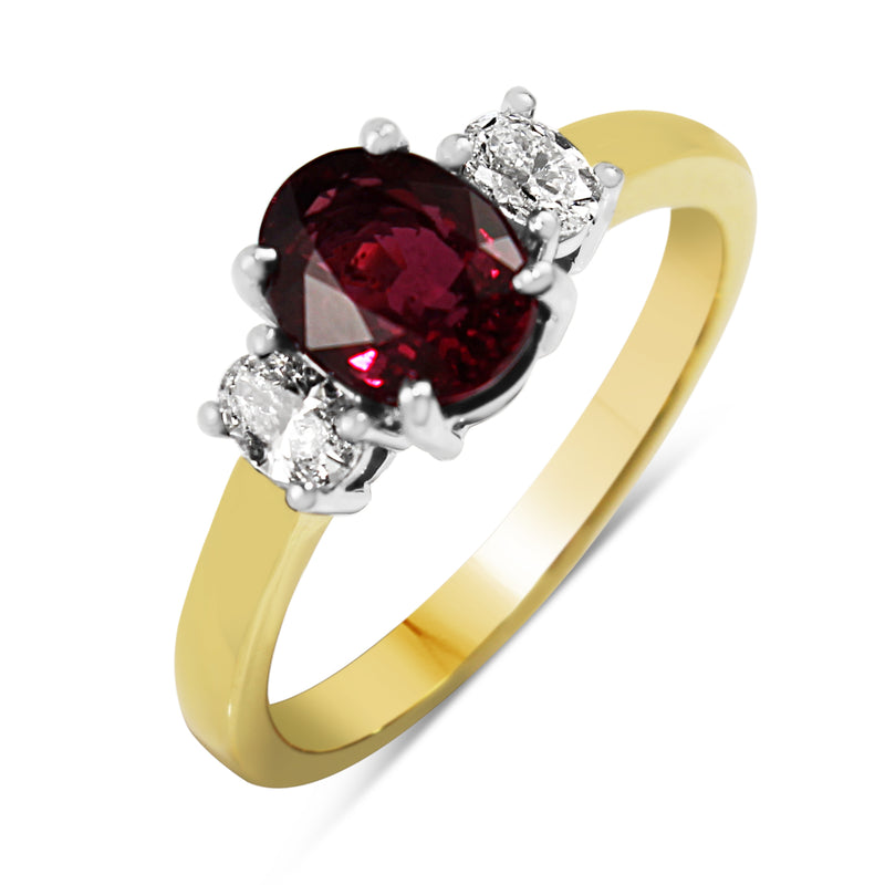 18ct Yellow and White Gold Oval Ruby and Diamond 3 Stone Ring