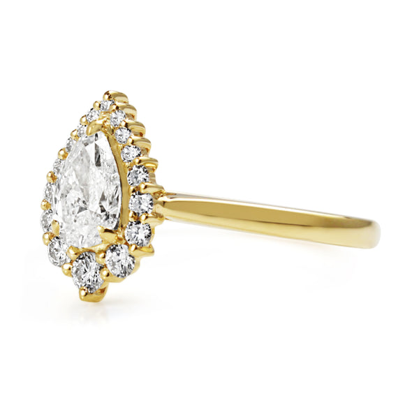 18ct Yellow Gold Graduated Pear Halo Diamond Ring