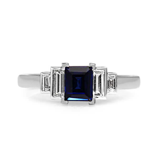 18ct White Gold Sapphire and Baguette Diamond 5 Stone Ring