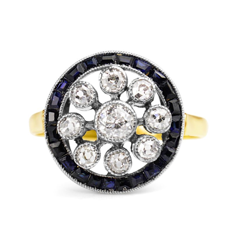 18ct Yellow and White Gold Art Deco Old Cut Diamond and Sapphire Ring