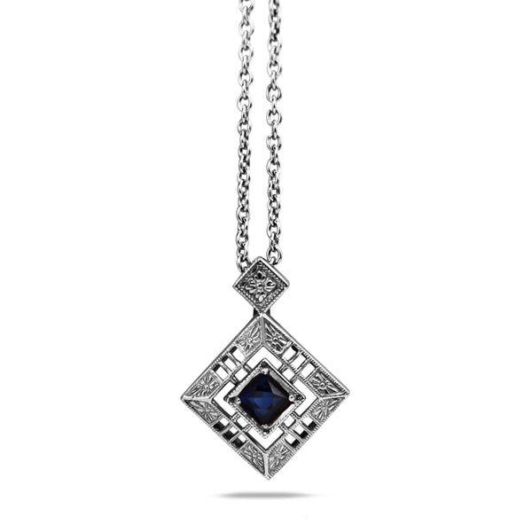 Platinum Art Deco Sapphire Engaved Pendant