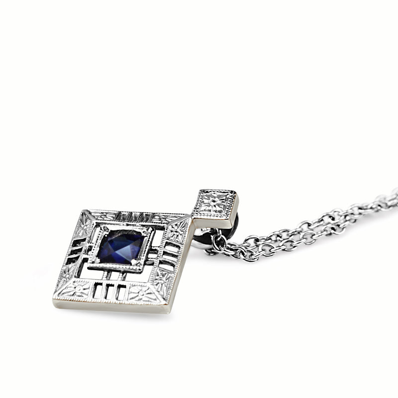 Platinum Art Deco Sapphire Engaved Pendant