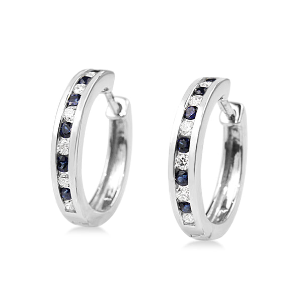 9ct White Gold Channel Set Sapphire and Diamond Hoop Earrings