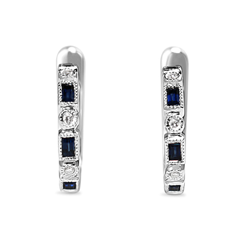 9ct White Gold Art Deco Style Sapphire and Diamond Hoop Earrings