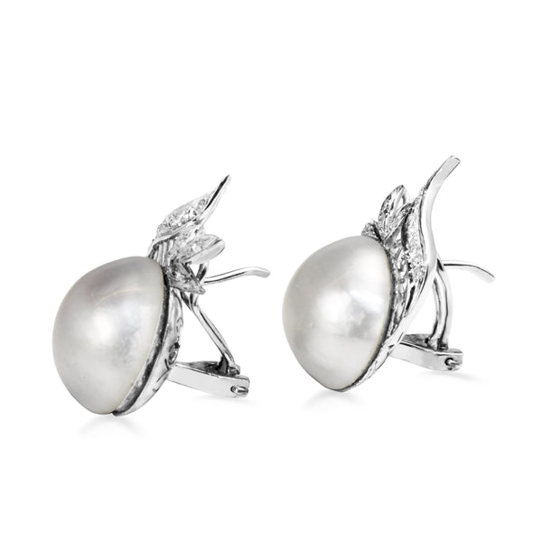 Palladium Art Deco Mabé Pearl and Diamond Stud Earrings
