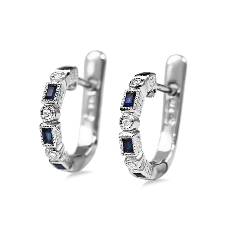 9ct White Gold Art Deco Style Sapphire and Diamond Hoop Earrings