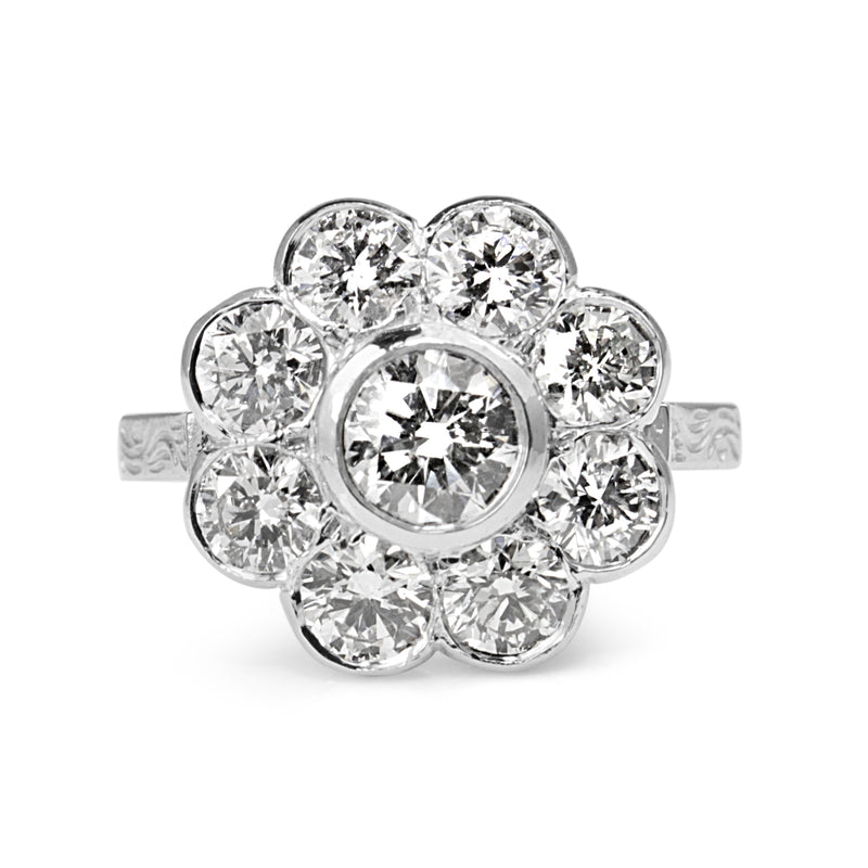 18ct White Gold Diamond Daisy Ring With Etched Shoulders