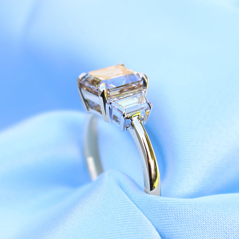 18ct Yellow and White Gold Asscher Champagne Diamond 3 Stone Ring