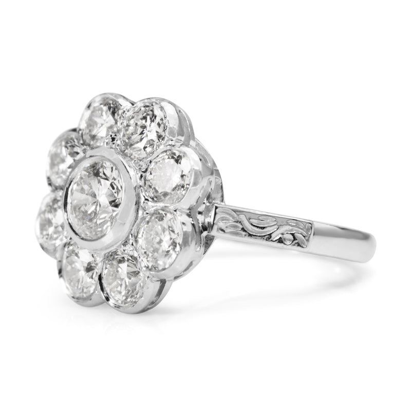 18ct White Gold Diamond Daisy Ring With Etched Shoulders