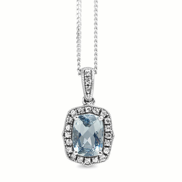 10ct White Gold Aquamarine and Diamond Vintage Style Necklace