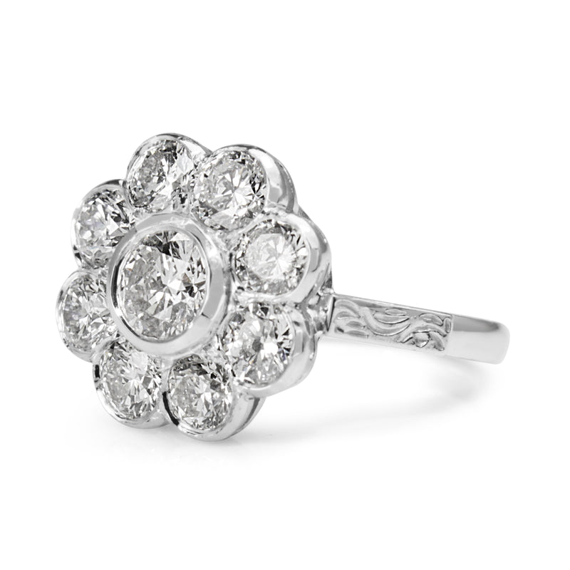 18ct White Gold Diamond Daisy Ring With Etched Shoulders