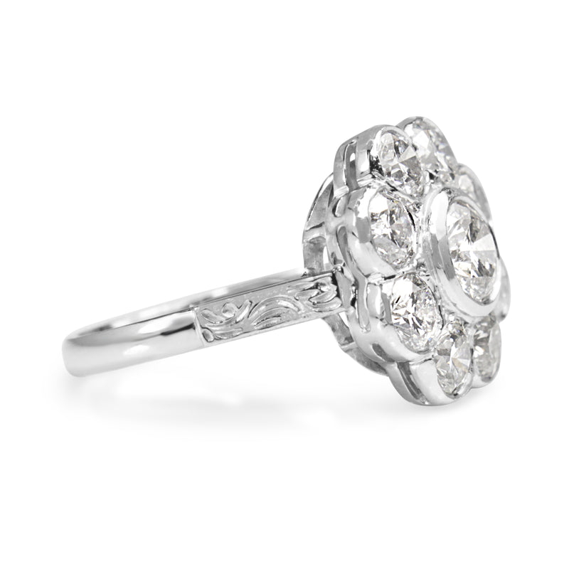 18ct White Gold Diamond Daisy Ring With Etched Shoulders