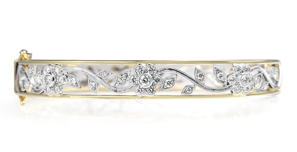 9ct Yellow and White Gold Diamond Floral Filigree Bangle