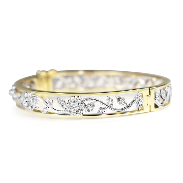 9ct Yellow and White Gold Diamond Floral Filigree Bangle