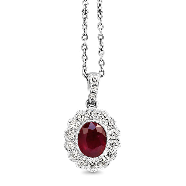 18ct White Gold Ruby and Diamond Daisy Style Necklace