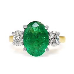 18ct Yellow and White Gold Emerald and Diamond Oval 3 Stone Ring