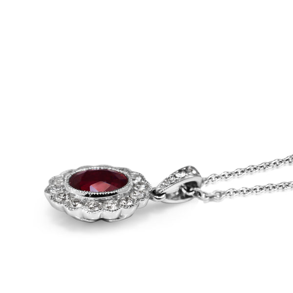 18ct White Gold Ruby and Diamond Daisy Style Necklace