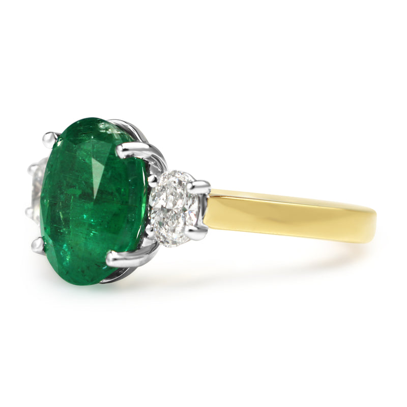 18ct Yellow and White Gold Emerald and Diamond Oval 3 Stone Ring