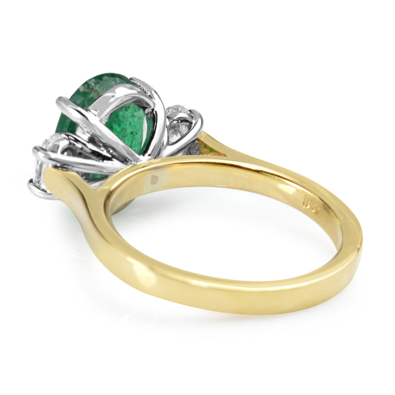18ct Yellow and White Gold Emerald and Diamond Oval 3 Stone Ring