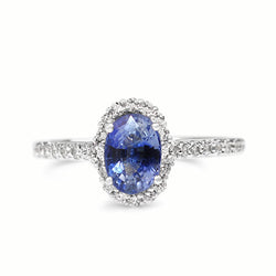 18ct White Gold Cornflower Blue Sapphire and Diamond Halo Ring