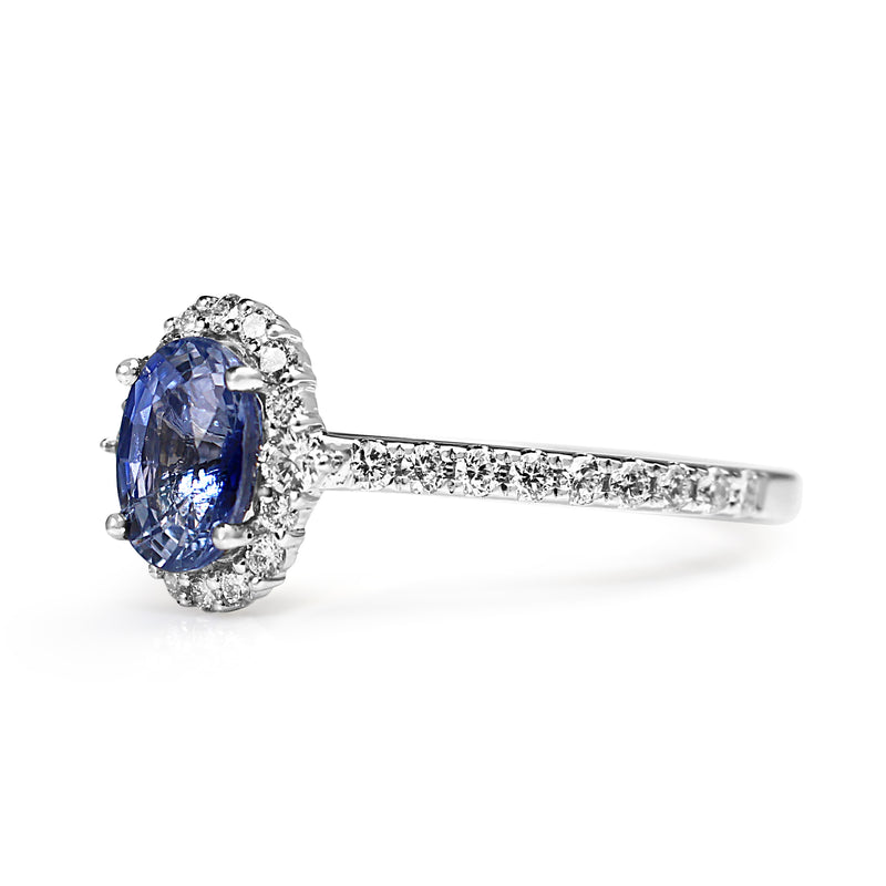 18ct White Gold Cornflower Blue Sapphire and Diamond Halo Ring