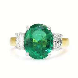 18ct Yellow and White Gold Oval Emerald and Diamond 3 Stone Ring