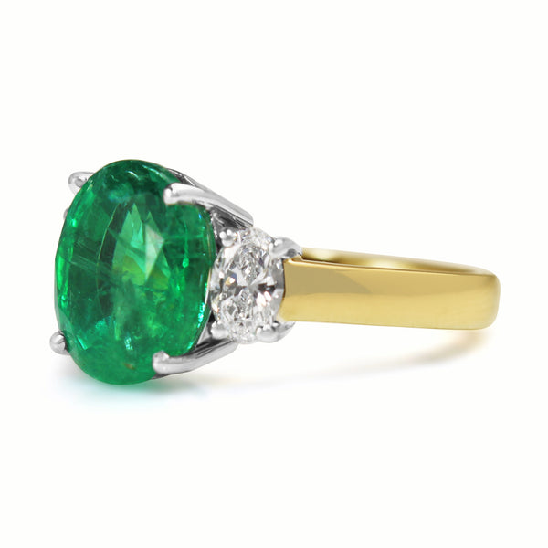 18ct Yellow and White Gold Oval Emerald and Diamond 3 Stone Ring