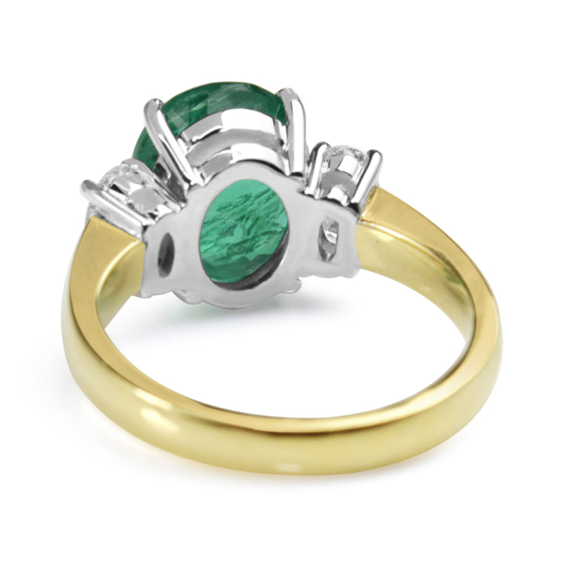 18ct Yellow and White Gold Oval Emerald and Diamond 3 Stone Ring