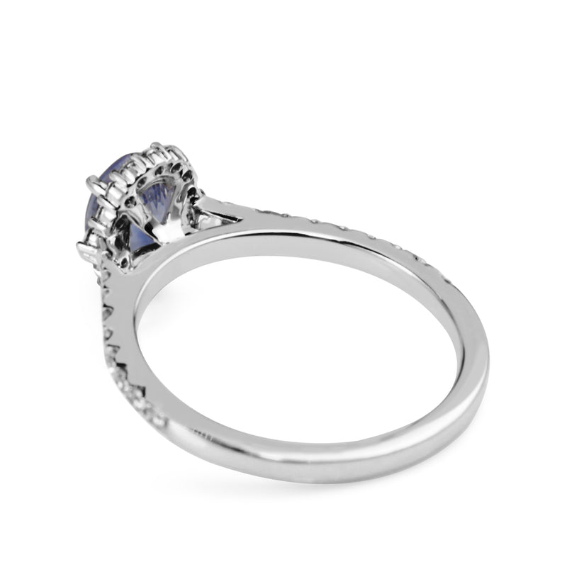 18ct White Gold Cornflower Blue Sapphire and Diamond Halo Ring