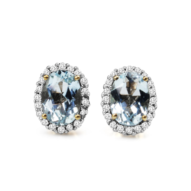 9ct Yellow and White Gold Aquamarine and Diamond Halo Earrings