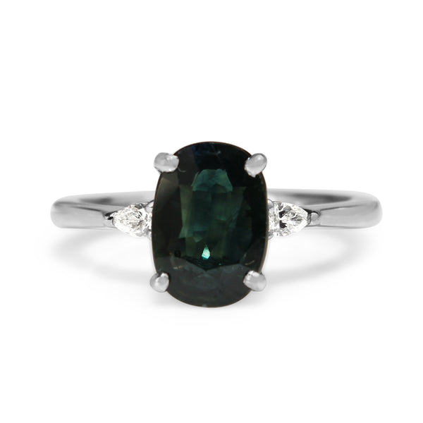 Platinum Sapphire and Pear Diamond 3 Stone Ring
