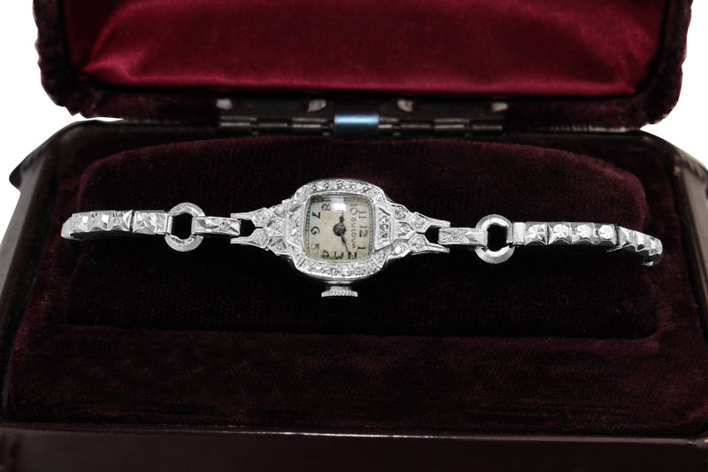 14ct White Gold Art Deco Single Cut Diamond Bulova Watch - Boxed