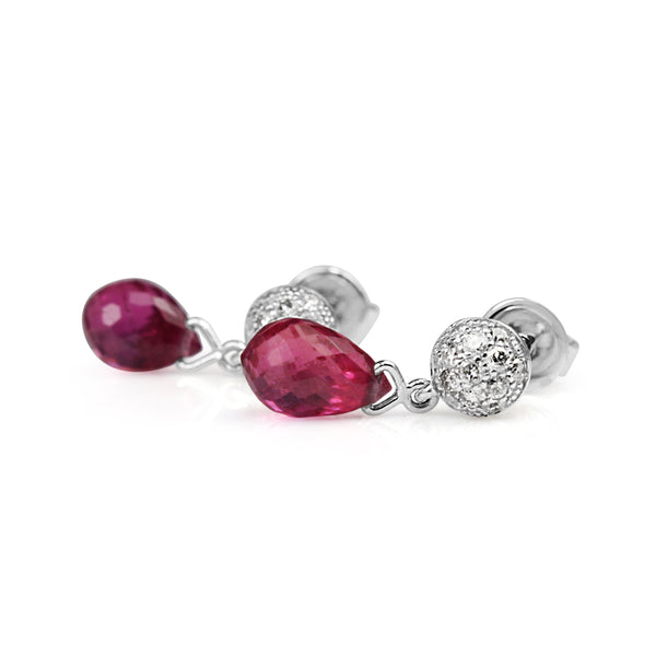 18ct White Gold Briolette Ruby and Pavè Diamond Earrings