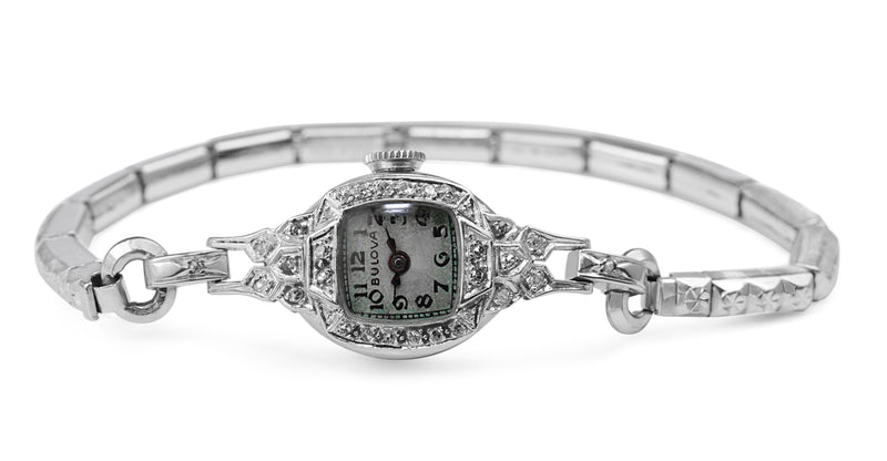 14ct White Gold Art Deco Single Cut Diamond Bulova Watch - Boxed