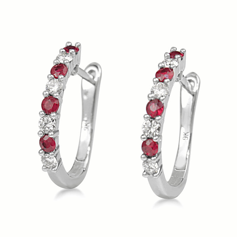 9ct White Gold Ruby and Diamond Hoop Earrings