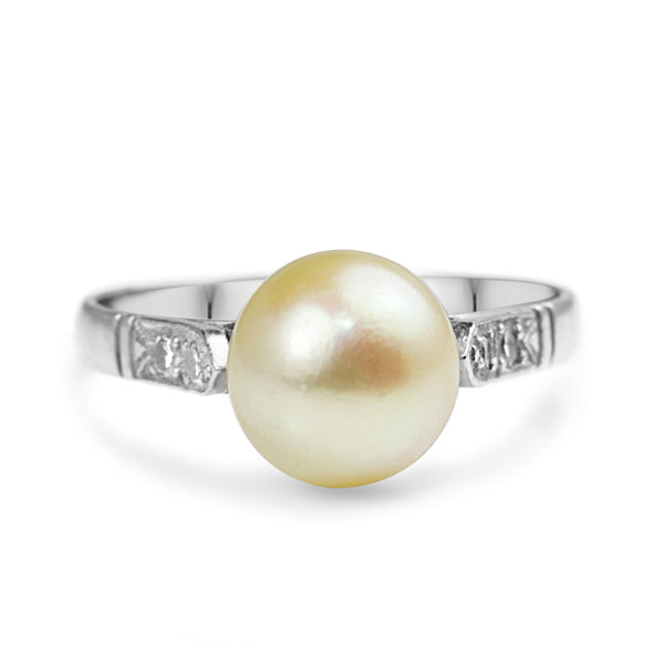 Platinum Cultured Pearl and Single Cut Diamond Ring