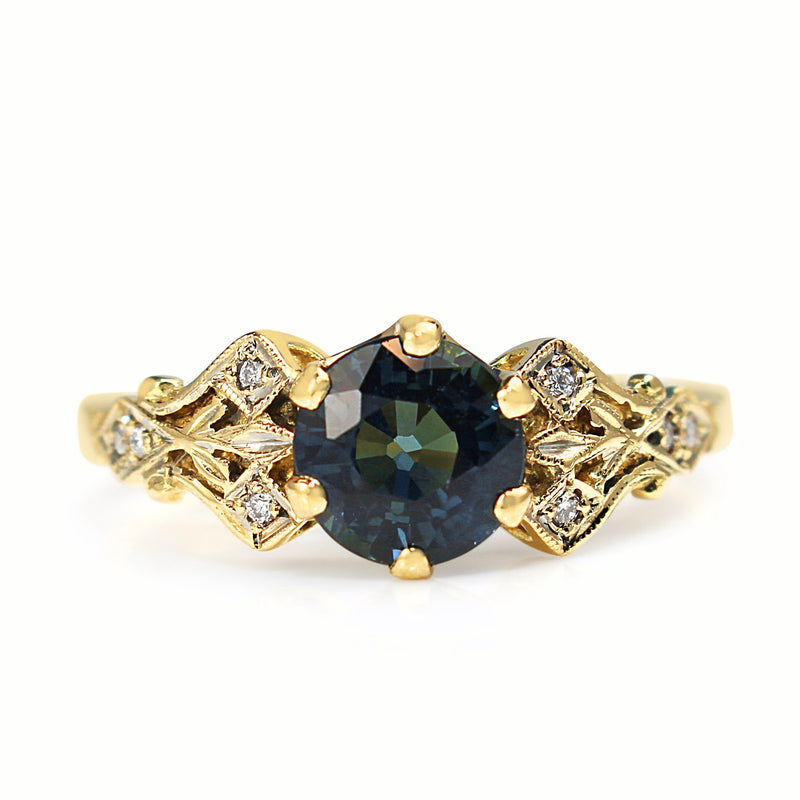 18ct Yellow Gold Antique Style Teal Sapphire and Diamond Ring
