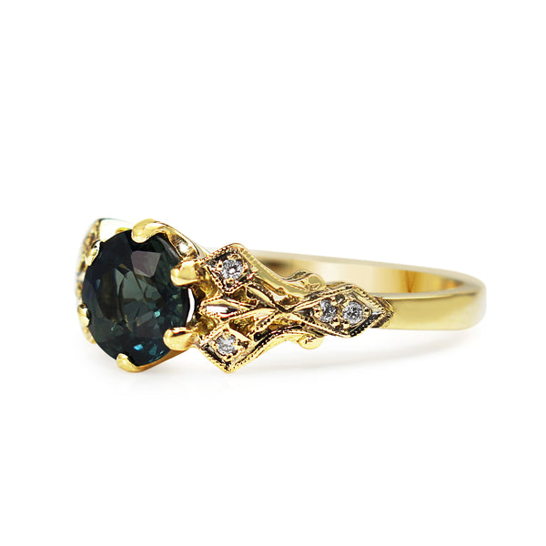 18ct Yellow Gold Antique Style Teal Sapphire and Diamond Ring