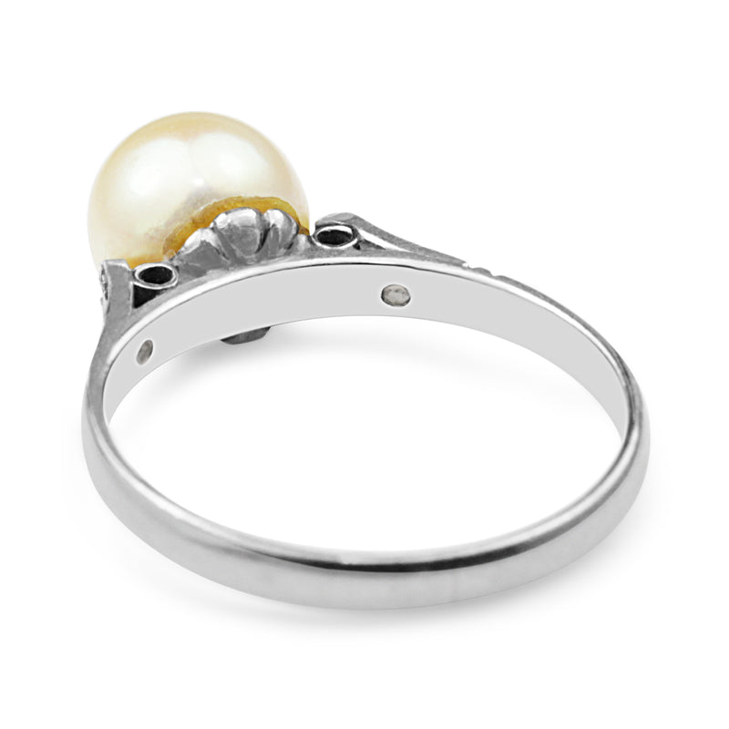 Platinum Cultured Pearl and Single Cut Diamond Ring