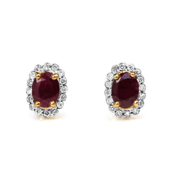 9ct Yellow and White Gold Ruby and Diamond Halo Earrings