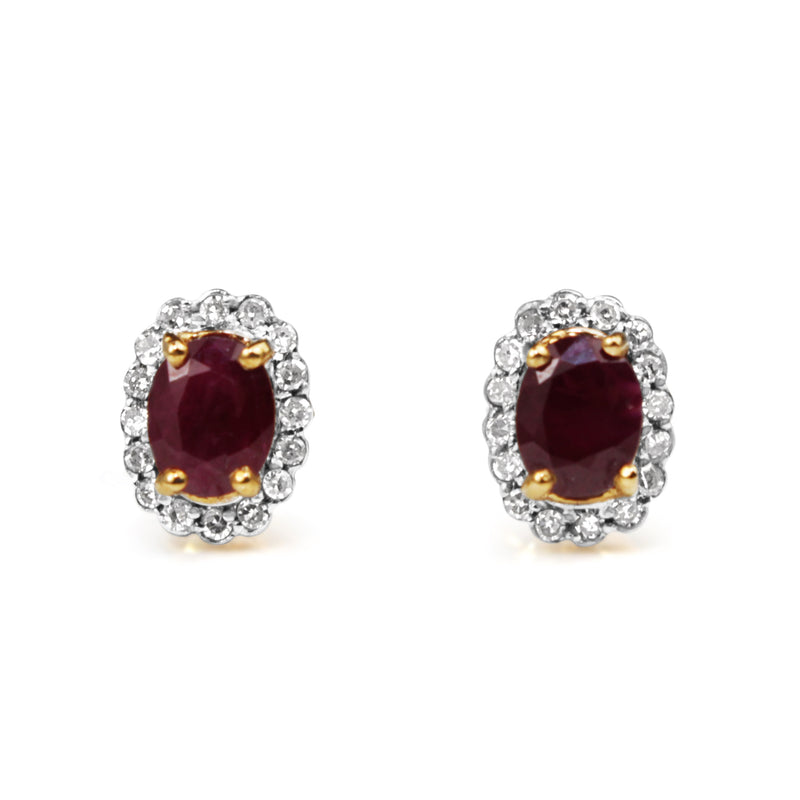 9ct Yellow and White Gold Ruby and Diamond Halo Earrings