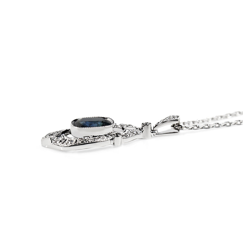 18ct White Gold Deco Style Sapphire and Diamond Necklace