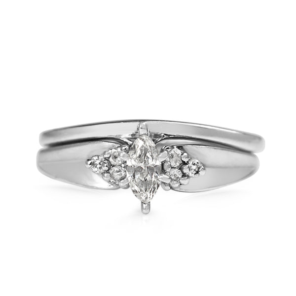 14ct White Gold Marquise Ring With Matching 10ct White Gold Band - Ring Set