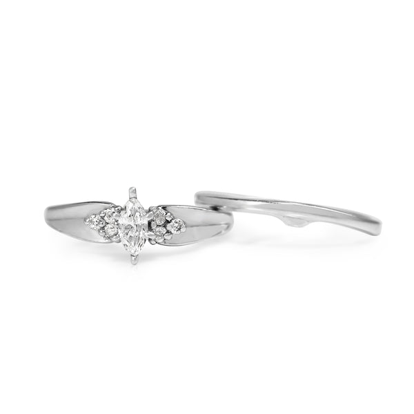 14ct White Gold Marquise Ring With Matching 10ct White Gold Band - Ring Set