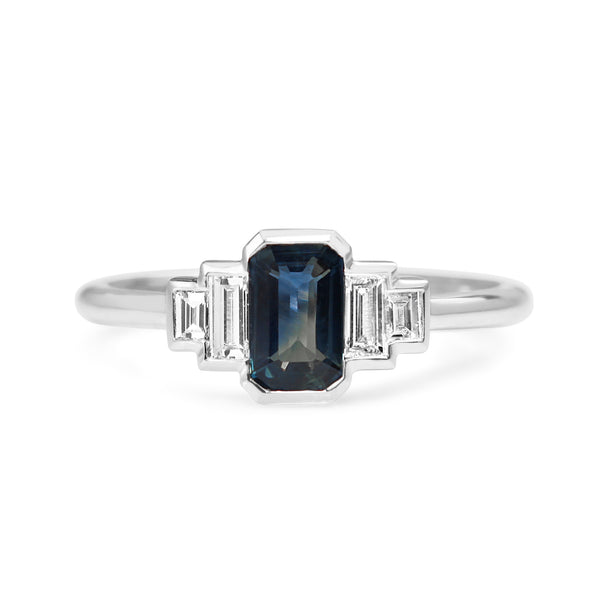 18ct White Gold Sapphire and Baguette Diamond 5 Stone Ring