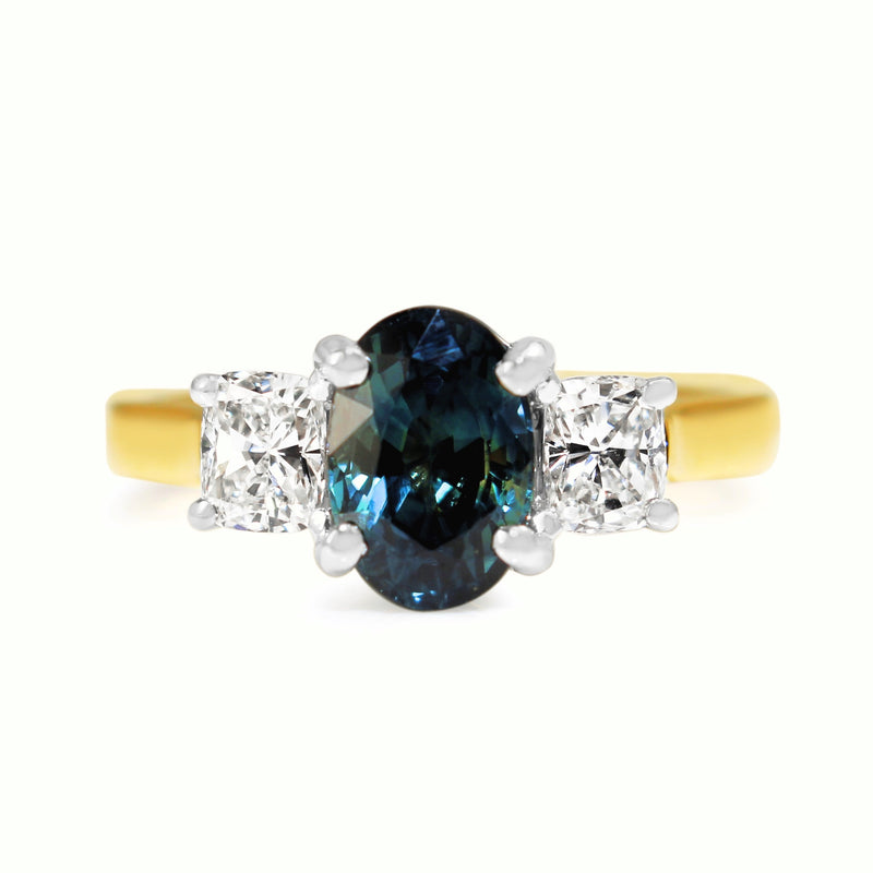 18ct Yellow and White Gold Sapphire and Cushion Cut Diamond 3 Stone Ring