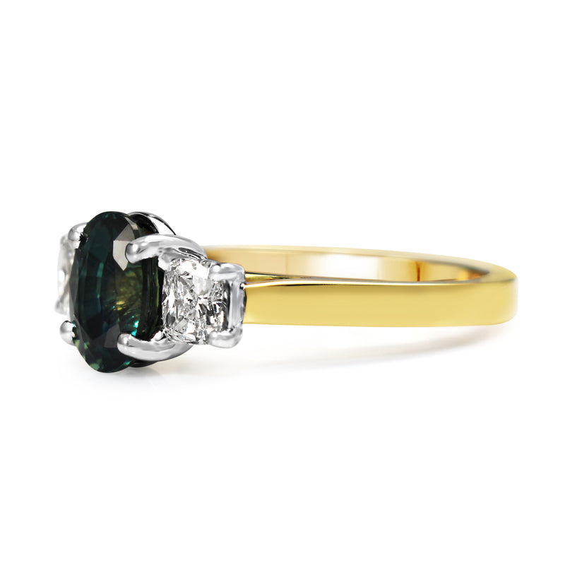 18ct Yellow and White Gold Sapphire and Cushion Cut Diamond 3 Stone Ring