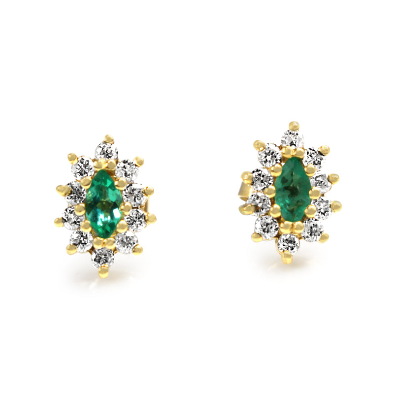 18ct Yellow Gold Marquise Emerald and Diamond Halo Stud Earrings