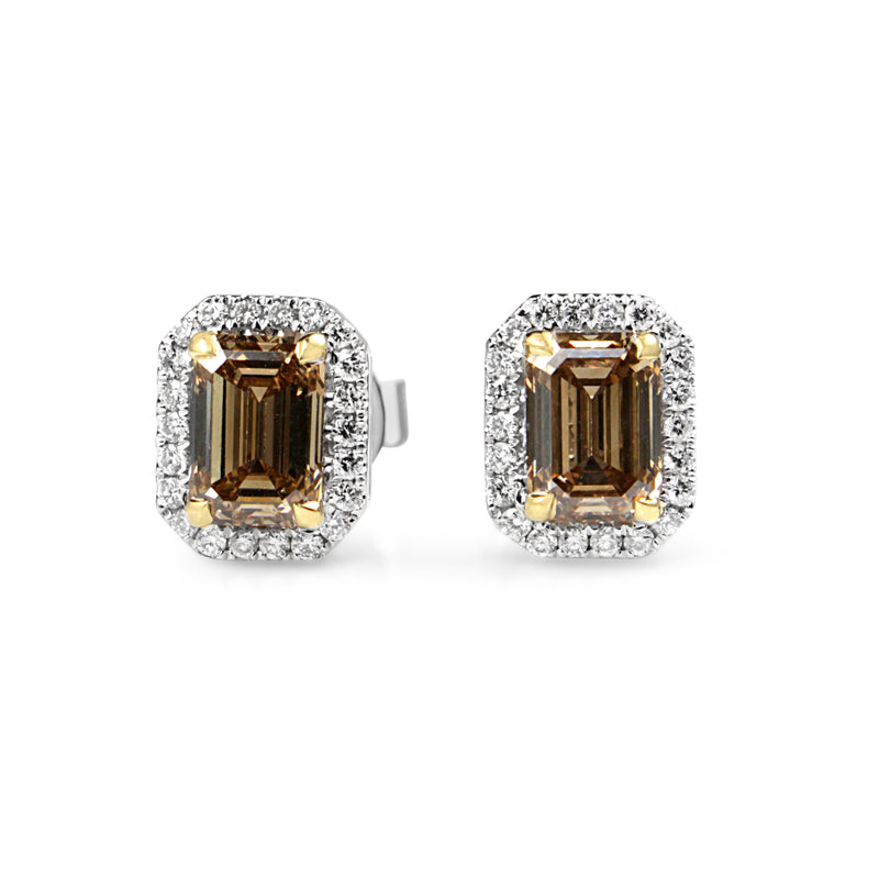 18ct Yellow and White Gold Emerald Cut Champagne Diamond Halo Earrings