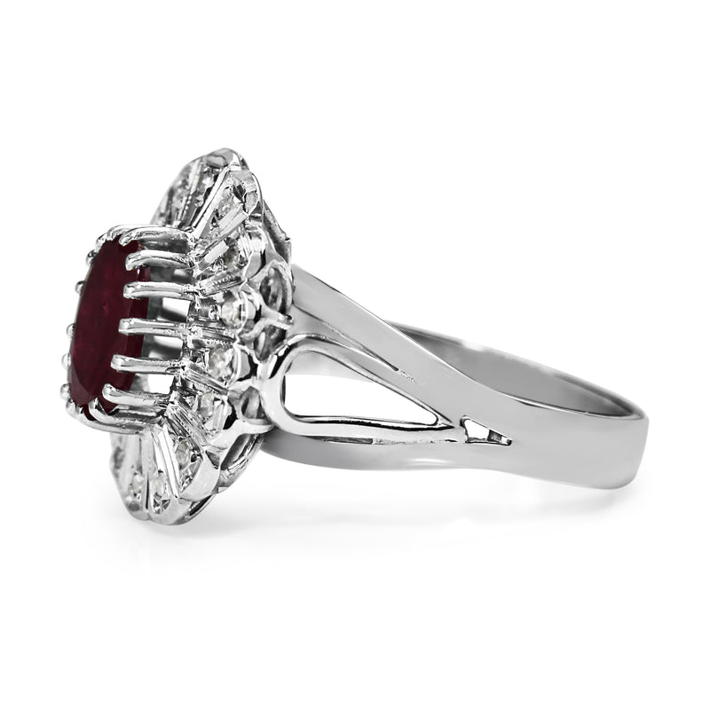 Palladium Ruby and Single Cut Diamond Vintage Cluster Ring